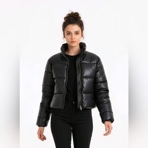 Winter NightS Faux Leather Cropped Black Women's Puffer Jacket Coat Fitted Ski